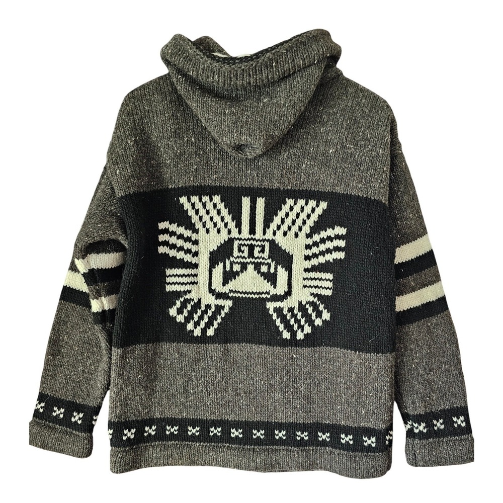 Ecuadorian Clothing Company Wool Zip Up Hoodie Gray Intarsia Sun Sweater Large